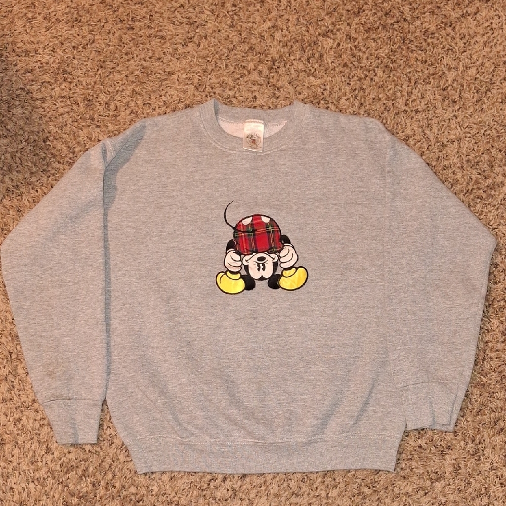 Disney Gray Crewneck Sweater with Plaid Mickey Mouse